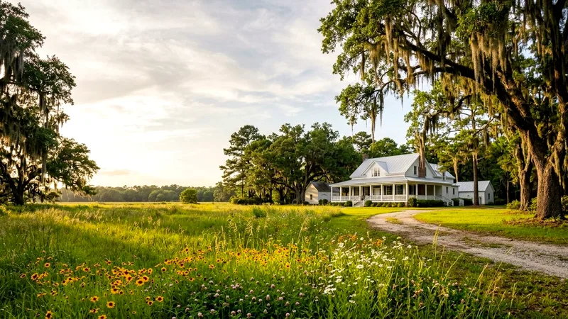 Open meadow with live oaks and historic white house at Honey Horn.