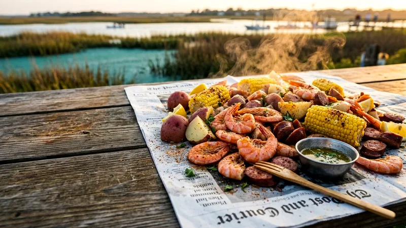 Lowcountry boil of shrimp, corn and potatoes on a waterside picnic table.