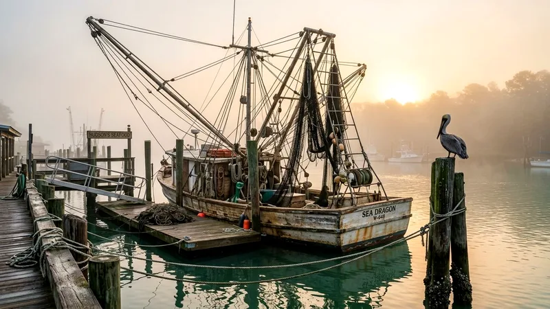 Shrimp boat with nets docked on foggy Skull Creek, pelican on piling.