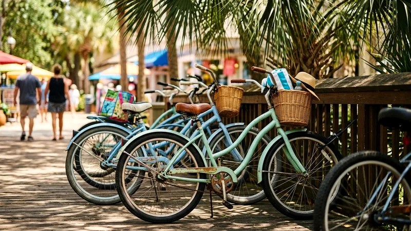Row of pastel beach cruiser bicycles parked under palmetto shade.